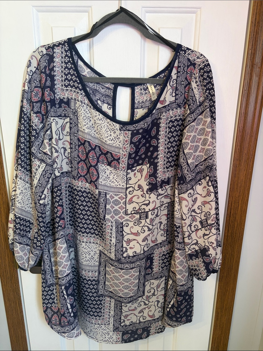 Emerald Navy and Cream Patchwork Print Tunic with Pink Accents